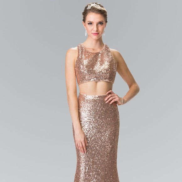 NEW LONG SLEEVELESS EMBROIDERED SEQUIN TWO PIECE DRESS WITH CUT-OUT BACK GL2333